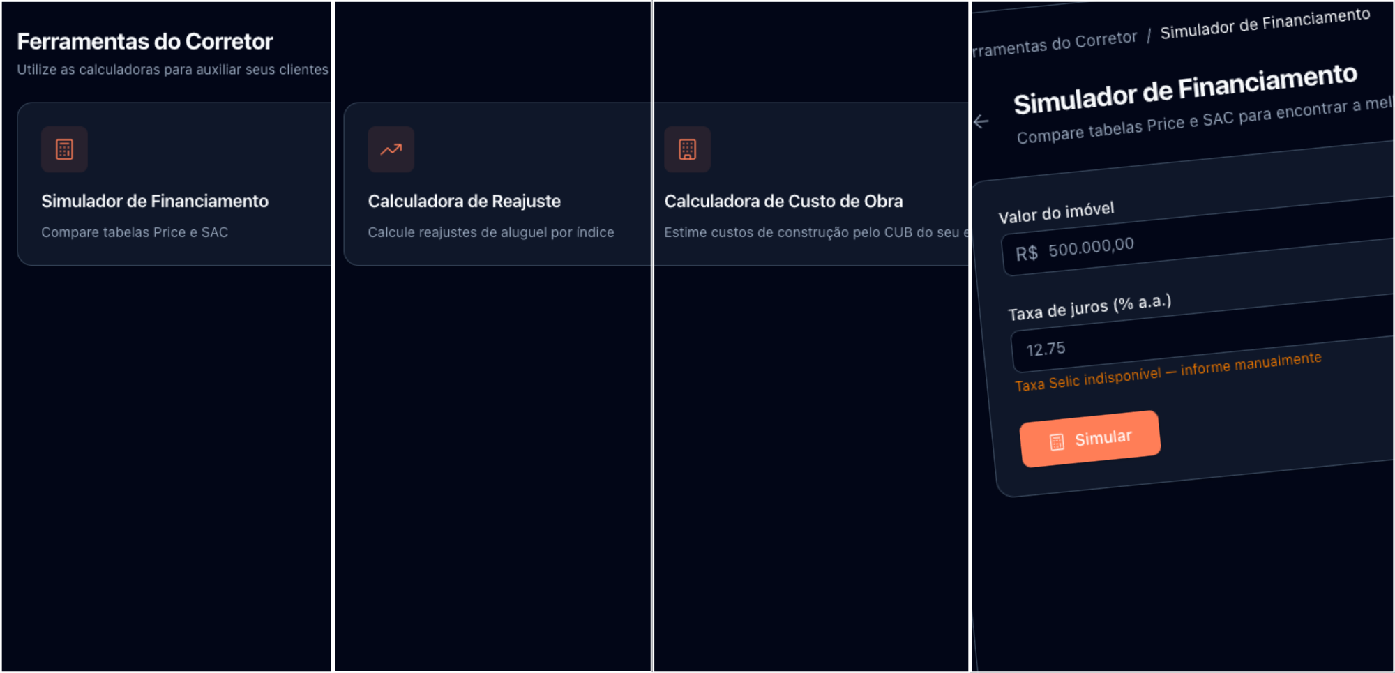 Ferramentas do corretor na Liza — calculadoras e simuladores